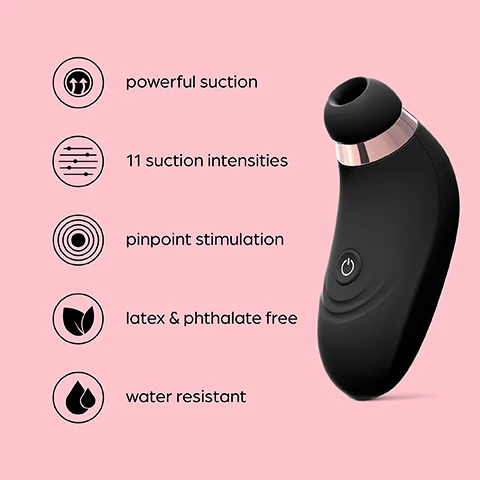 Image 1 - An image of a sleek, black sexual wellness device with a rounded tip and a metallic accent, accompanied by icons and text indicating its features: powerful suction, 11 suction intensities, pinpoint stimulation, latex & phthalate free, and water resistant.
Image 2 - A hand holding a sleek, black suction device with a rounded top, set against a pink background, with text that reads Powerful suction The powerful suction gently stimulate the clitoris, choose from 11 intensities.
Image 3 - A close-up image of a black suction device designed for intimate use, featuring a rounded tip and circular design elements, with text above stating Pinpoint stimulation and additional text describing precise suction stimulation targeting the clitoris and external erogenous zones.
Image 4 - A black, curved vibrator with a silver band and a USB charging port is displayed on a pink background, along with the text USB rechargeable Dont let the pleasure stop, with easy USB recharging...