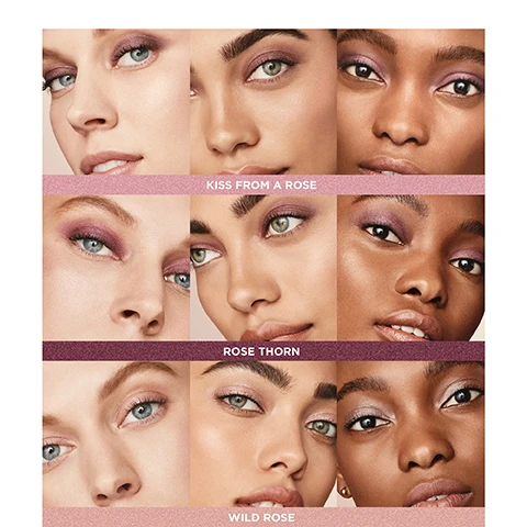 Image 1, kiss from a rose, rose thorn and wild rose on three different skin tones. image 2, rose glow pearl blend - infused with light reflecting pearls for a subtle, natural dewiness. image 3, caviar stick finish finder. matte - soft, natural finish. shimmer - luminous finish. chrome - high metallic sheen. new roseglow - dewy lustrous finish.
