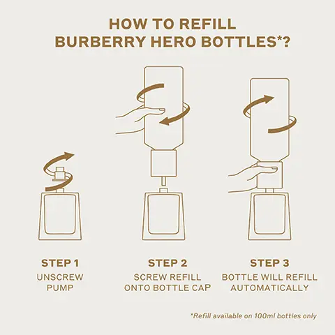 HOW TO REFILL BURBERRY HERO BOTTLES*? STEP 1 UNSCREW PUMP STEP 2 SCREW REFILL ONTO BOTTLE CAP STEP 3 BOTTLE WILL REFILL AUTOMATICALLY *Refill available on 100ml bottles only Image 2, BURBERRY HERO BURBERRY BURBERRY BURBERRY EAU DE TOILETTE WOODY FRESH Cedarwood Juniper Black Pepper EAU DE PARFUM WOODY AMBERY Cedarwood Incense Pine PARFUM WOODY AMBERY Cedarwood Amyris Cypress INTENSITY INTENSITY INTENSITY