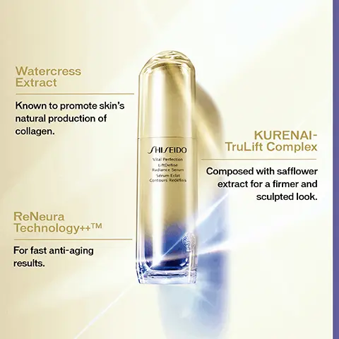 Watercress Extract, Known to promote skin's natural production of collagen. KURENAI-TruLift Complex, Composed with safflower extract for a firmer and sculpted look. ReNeura Technology++tm, For fast anti-aging results. Vital Perfection, The perfect lifting and firming ritual. 1, Serum, Defines contours. 2, Cream, Lifts in just 1 week. 3, Targeted Treatment, Targets deep wrinkles & dark spots. Instrumental test on 35 volunteers.