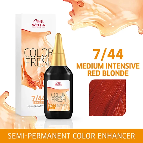 Image 1, semi permanent colour enhancer. image 2, dye name. image 3, healthy looking shine and colour. image 4, quick and easy application. image 5, conditioning colour enhancer. image 6, lasts up to 10 shampoos. image 7, expert tip wella enrich care range.