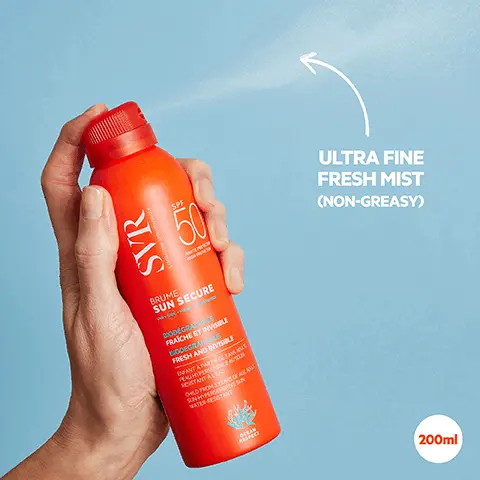 Ultra fine fresh mist, non-greasy, 200ml. Mist SPF50+ sun secure core formula. Anti-oxidant complex, vitamin E, watercress extract, niacinamide, reduces oxidative damage caused by visible light + infrared. SVR solar patent, SVR formulations are free from filters suspected of being endocrine disruptors, or irritants, or filters that are harmful to the marine ecosystem.Ocean respect, reef safe, non-toxic to marine life biodegradable. Ultra fine fresh texture, quick + easy application, light invisible finish, water resistant, non-greasy, non-sticky. SPF 50+ very high protection against UVA + UVB + visible + infrared, sensitive skin safe for age 3+. +eco responsible 100% recyclable aluminium can. How to use, apply generously + evenly before sun exposure. For face, spray onto hands then apply to the face. Stay safe in the sun, re-apply frequently. SVR SPF50+ protection, find your ideal format. Fresh mist, fresh cream, milk spray, face fluid, oil spray, invisible water, hydrating milk.
