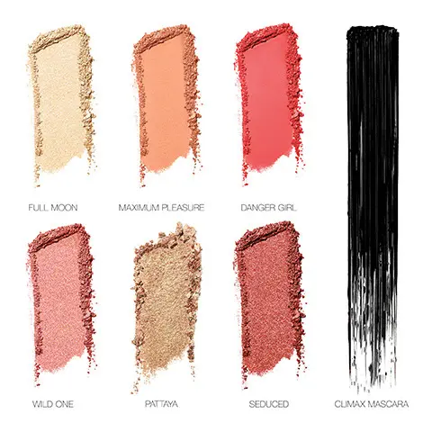 Image 1, Swatches. Image 2, Before and After eye model shot. Image 3, Product benefits