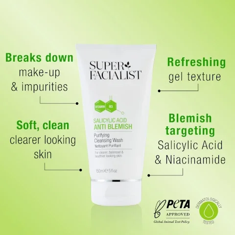 breaks down makeup and impurities. soft, clean clearer looking skin. refreshing gel texture. blemish targeting salicylic acid and niacinamide. peta approved cruelty free. dermatologically tested.