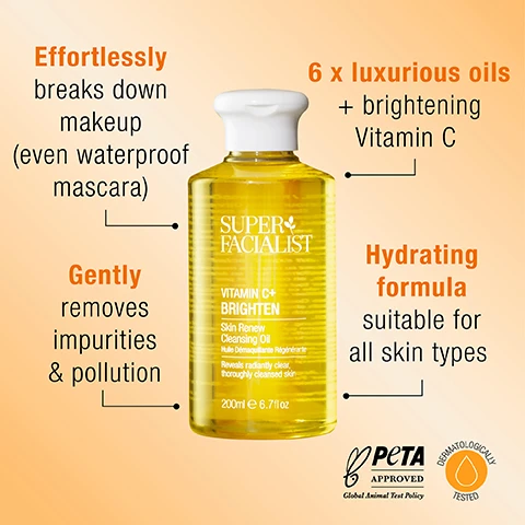 Image 1, effortlessly breaks down makeup (even waterproof mascara) gently removes impurities and pollution. 6 luxurious oils and brightening vitamin c. hydrating formula suitable for all skin types. peta approved, cruelty free. dermatologically tested. image 2, before and after real skin, real results.