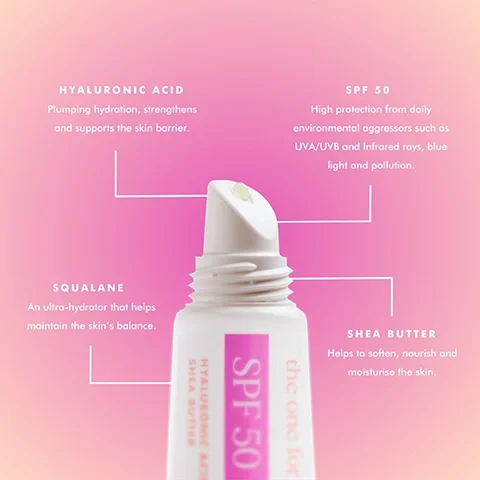 Image 3 - A skincare product bottle with a pump top is displayed against a gradient pink background, highlighting key ingredients and benefits: Hyaluronic Acid for hydration and skin barrier support, SPF 50 for protection against environmental aggressors, Squalane for skin balance, and Shea Butter for nourishment.