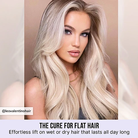 Image 2 - A close-up portrait of a woman with long, wavy blonde hair and a natural makeup look, featuring the text THE CURE FOR FLAT HAIR Effortless lift on wet or dry hair that lasts all day long @leovalentinohair.
Image 3 - A spray bottle labeled Raise the Root by Color Wow, designed to thicken and lift hair, is surrounded by icons indicating benefits like the cure for flat hair, not sticky or stiff, wont yellow or darken color, long-lasting lift, body + fullness, works on wet or dry hair, and heat protectant, with a volume of 50 ml or 1.7 fl oz.
