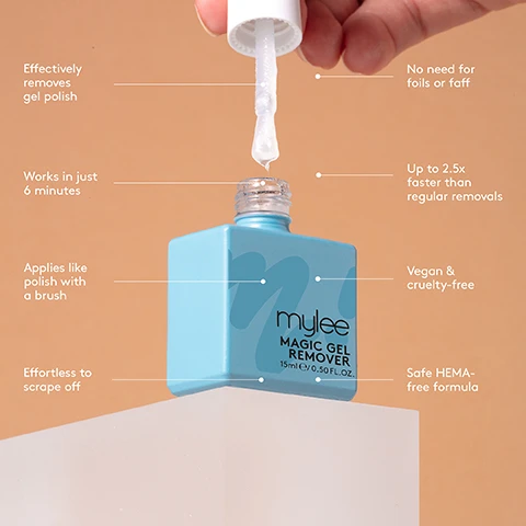 Image 1, effectively removes gel polish, works in just 6 minutes, applies like polish with a brush, effortless to scrape off, no need for foils or faff, up to 2.5 times faster than regular removls, vegan and cruelty free, safe HEMA free formula. image 2, step by step. 1 = prep, push back your cuticles, file, buff and cleanse with a lint free wipe soaked in mylee prep and wipe. 2 = base, apply the mylee base coat and cure for 30-60 seconds using the mylee pro LED lamp, remove any gel on your skin before curing. 3 = colour, brush on your chosen mylee gel polish and cure for 30-60 seconds using the mylee pro LED lamp - repeat to build up the colour. 4 = finish, apply a mylee top coat and cure for 30-60 seconds for regular top coats, remove the sticky layer by wiping the nails with a lint-free wipe soaked in mylee prep and wipe, wash  your hands, moisturise and voila you're all set.