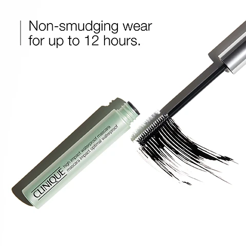Image 1 - An open tube of Clinique high impact waterproof mascara sits beside a mascara wand with black product on it, featuring the text Non-smudging wear for up to 12 hours.
Image 2 - A close-up of an eye showing the difference before and after applying a product, with the word Before above the top image and After application below the bottom image.
Image 3 - A black mascara wand with a black stripe of mascara applied to its bristles, accompanied by a graphic of an eyelash and the word waterproof.
Image 4 - A woman with long hair is applying makeup to her eye while looking in a mirror, wearing a white lab coat over a green top, with text that reads The Clinique Eye Safety Promise. Ophthalmologist tested. Safe for sensitive eyes. Safe for contact lens wearers. Ashley Brissette, MD, MSc, FRCSC Clinique’s Guiding Ophthalmologist.
Image 5 - Image shows three mascara products from Clinique displayed in a row, with descriptions for each: High Impact High-Fi for instant full volume, High Impact Mascara for buildable volume and length, and High Impact Waterproof Mascara for waterproof buildable volume and length, with the text High Impact looks for every lash.