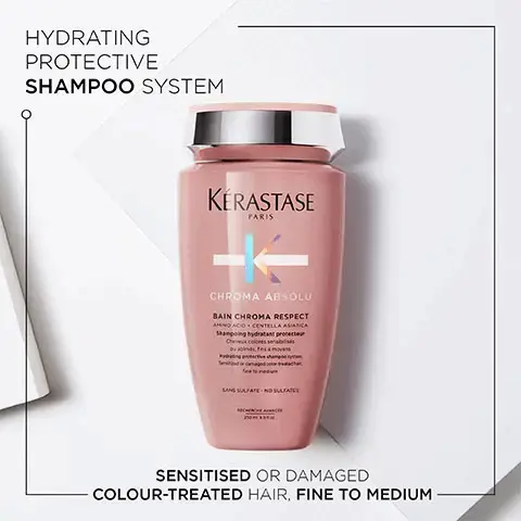 Image 1, Hydrating protective shampoo system- sensitised or damaged colour-treated hair, fine to medium. Image 2, Before and After image- Illustration of the anticipated results obtained after applying the products bain chroma respect, fondant cica chroma, soin acide chroma gloss, serum chroma thermique after one use and styling. Results may vary from one individual to another. Image 3, Key Ingredients, Amino Acid, Tartaric Acid, Lactic Acid.