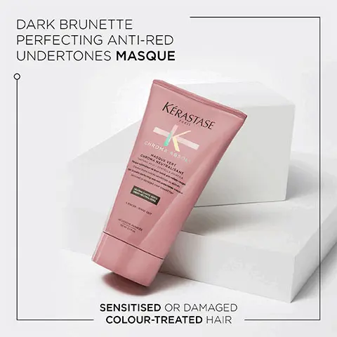 Image 1, Dark Brunette perfecting anti-red undertones masque- sensitised or damaged colour-treated hair. Image 2, Chroma Absolu, after 6 weeks, 92% of colour intensity is preserved, up to 74% more shine, up to 96% stronger hair, 98% of women agree that their hair feels nourished- instrumental test.21 applications of bain and fondant vs first day of colour, instrumental test. compared to before treatment with bain, instrumental test. soin acide and serum vs classic shampoo with sensitised hair, consumer test .51 women using bain riche, masque and serum with coloured hair. Image 3, Key Ingredients- Amino Acid, Tartaric Acid, Lactic Acid. Image 4, Before and After Image- Illustration of the contemplated results obtained after applying the products Bain Chroma Respect, Masque Vert Chroma Neutralisant, Soin Acide Chroma Gloss, Serum Chroma Thermique under normal conditions of use during period. Results may vary from one individual to another. Image 5, Chroma Absolu, Shelley Gregory, Hairdresser- Colour! One of the most requested Services in my salon. Chroma Absolu revives all types of colour-treated hair, preventing colour fade and frizz, for healthy, shiny hair.