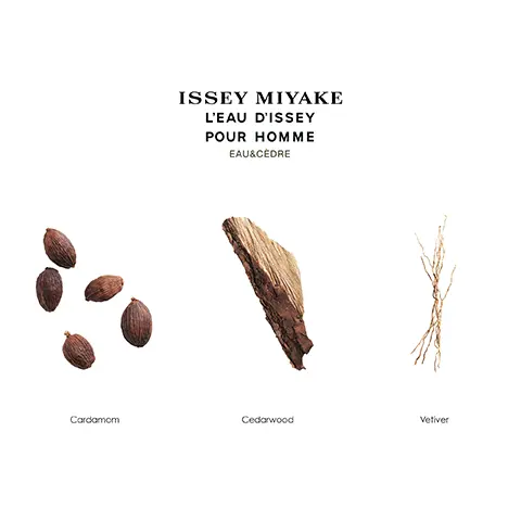 Image 1, Cardamom ISSEY MIYAKE L'EAU D'ISSEY POUR HOMME EAU&CÈDRE Cedarwood Vetiver Image 2, commitments 91% natural origin ingredients natural origin cedarwood vegan fragrance 20% post consumer use recycled glass 100% wooden cap Image 3, ISSEY MIYAKE L'EAU D'ISSEY POUR HOMME EAU DE TOILETTE EAU DE TOILETTE INTENSE EAU DE TOILETTE INTENSE EAU&CÈDRE VÉTIVER EAU DE PARFUM INTENSE WOOD&WOOD L'EAU DISSEY LEAU DISSEY LEAU DISSEY POUR HOMME POUR HOMME CAUSGEDRE POUR HOMME LEAU DISSEY POUR HOMME WOOD WOOD ISSEY MIYAKE ISSEY MIYAKE ISSEY MIYAKE ISSEY MIYAL FRESH & VIBRANT VIBRANT & WOODY + Intensity DEEP & WOODY INTENSE & WOODY