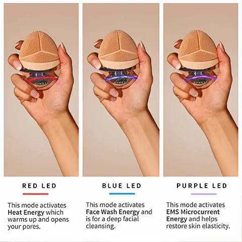 Image 1, red LED- This mode activates Heat Energy which warms up and opens your pores. Image 2, Blue LED- This mode activates Face Wash Energy and is for deep facial cleansing. Purple LED- This mode activates EMS microcurrent energy and helps restore elasticity. Image 2, Opens pores effectively, Bioelectric LED technology, helps promote collagen production. Image 3, Helps to remove up to 100% make up + oil, imitates bioelectricity, 3 LED colour options: blue, red, purple. Image 4, Helps with deep cleansing & anti-bacterial benefits, warms the skin & opens pores, skin tightening & contouring