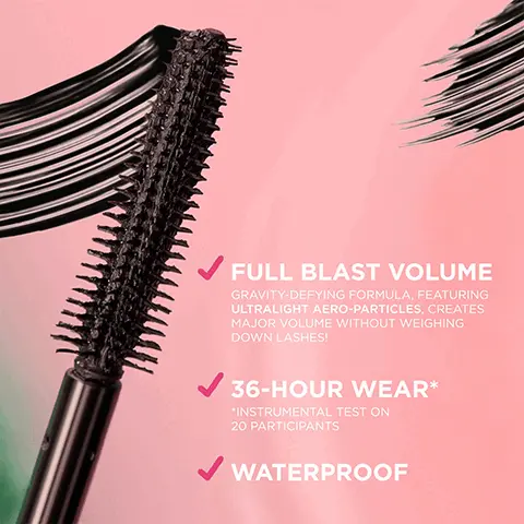 Image 1, full blast volume, gravity-defying formula, featuring ultralight aero particles creates, major volume without weighing down lashes. 36 hour wear, instrumental test on 20 participants, waterproof. Image 2 and 3, before and after