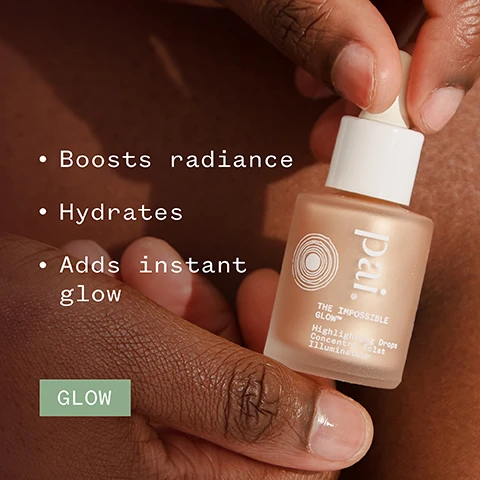 Image 1 - A person holds a small glass bottle labeled Pai The Impossible Glow Highlighting Drops Concentré Éclat with visible text highlighting benefits: Boosts radiance, Hydrates, Adds instant glow, with the word GLOW in a green box.
Image 2 - A close-up image of a shimmering, creamy texture in golden tones featuring the text 86% said skin looks radiant, along with certification logos for organic, vegan, and B Corporation; there is a note stating *Independent consumer trial of 172 subjects.