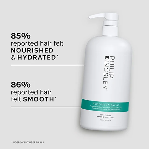 Image 1 - A white bottle of conditioner labeled PHILIP KINGSLEY with a green band reading MOISTURE BALANCING CONDITIONER, displaying statistics that 85% reported hair felt nourished and hydrated and 86% reported hair felt smooth, with a note about independent user trials.
Image 2 - A smooth, white background with bullet points listing key benefits of a product: Lightweight yet deeply conditioning, Reduces breakage, Anti-static formula adds shine and strength.
Image 3 - A close-up image of a person with wet hair being styled with a black comb, accompanied by a customer review stating it leaves hair healthy, hydrated, and in really great condition without looking or feeling weighed down.
Image 4 - Image shows a smooth white dollop of product on a light gray background, with text listing key ingredients: GUAR provides static-free control and smoothness while retaining natural volume, SILICONE adds shine and reduces static, and HYDROLYZED ELASTIN is a protein that penetrates the hair shaft, increasing elasticity without weighing hair down.
Image 5 - Image shows a comparison of hair results with the left side labeled BEFORE displaying straight, unstyled hair, and the right side labeled AFTER featuring wavy, styled hair.
Image 6 - A person standing in a shower with wet hair, holding two hair care products, and text reads TRICHOLOGIST TIP: After shampooing, gently work into the mid-lengths and ends of the hair, avoiding the roots. Rinse well.