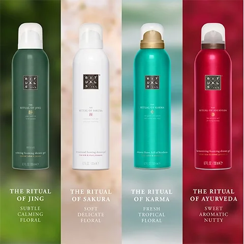 Rituals scent bottles comparisons: The ritual of Jing, subtle, calming and floral. The ritual of sakura, soft, delicate and floral. The ritual of Karma, Fresh, tropical and floral. The ritual of Ayurveda, sweet, aromatic and nutty.