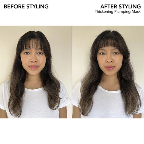 Image 1 - Image shows a woman with long hair, displaying a before styling image on the left with slightly flat hair and an after styling image on the right where her hair looks thicker and more voluminous; visible text reads BEFORE STYLING on the left and AFTER STYLING Thickening Plumping Mask on the right.
Image 2 - A woman with long, wavy hair is looking confidently at the camera while wearing a silver top and a black jacket, with the text THICKENING PLUMPING MASK and ALL-DAY VOLUME 2 MINUTES FLAT displayed prominently.
Image 3 - A silver tube of Bumble and bumble Thickening Plumping Mask is displayed against a textured background, with icons representing benefits such as nourishment, volume, hydration, and strength surrounding the product, and visible text including Bumble and bumble and PLUMPING MASK.