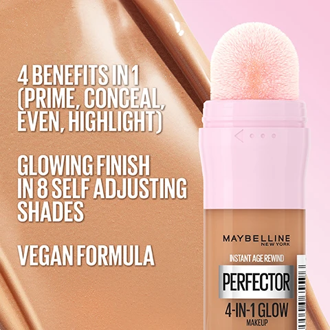 Image 1 - A tube of Maybelline makeup with a pink fluffy applicator and liquid makeup swirled on the left, with text 4 BENEFITS IN 1 (PRIME, CONCEAL, EVEN, HIGHLIGHT) GLOWING FINISH IN 8 SELF ADJUSTING SHADES VEGAN FORMULA MAYBELLINE NEW YORK INSTANT AGE REWIND PERFECTOR 4-IN-1 GLOW MAKEUP. Image 2 - A split image shows a womans face before and after makeup application with the words Before, After, and Light-Medium next to four shade squares. Image 3 - Three makeup foundation applicators with built-in sponge tips are shown alongside swatches of light, medium, and dark shades of the product, with the text BUILT IN SPONGE FOR EASY APPLICATION overlaid on the image. Image 4 - A display of foundation swatches from light to dark with labels 00 FAIR-LIGHT 0.5 FAIR-LIGHT COOL 01 LIGHT 1.5 LIGHT-MEDIUM 02 MEDIUM 2.5 MEDIUM-DEEP WARM 03 MEDIUM-DEEP 04 DEEP.