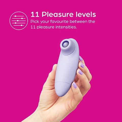 Image 1 - A person holding a light purple vibrator with a rounded top against a pink background includes the text 11 Pleasure levels Pick your favourite between the 11 pleasure intensities.
Image 2 - A lavender-colored personal massager is displayed on a bright pink background, with icons and text indicating features: 11 pleasure intensities, pinpoint stimulation, battery powered (2 x AAA batteries), latex & phthalate free, and splash proof.
Image 3 - A purple device designed for intimate stimulation is shown on a bright pink background, accompanied by the text, Pinpoint stimulation, and Precise pleasure stimulation targets the clitoris & external erogenous zones.
Image 4 - A young woman with long dark hair smiles joyfully against a pink background, accompanied by five stars and the text The toy certainly did not disappoint and is much better than some of my other stimulators from more expensive brands.