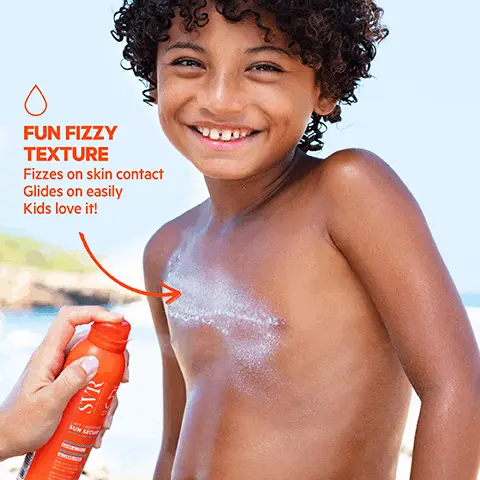 Fun fizzy texture. Fizzes on skin contact, glides on easily, kids love it. Fizzy milk SPF50+ sun secure core formula. Anti-oxidant complex, vitamin E, watercress extract, niacinamide, reduces oxidative damage caused by visible light + infrared. SVR solar patent, SVR formulations are free from filters suspected of being endocrine disruptors, or irritants, or filters that are harmful to the marine ecosystem. Bubbles on contact. How to use, shake can before use, spray where needed + rub in before sun exposure. Fizzing texture loved by adults + kids alike glides on effortlessly. Stay safe in the sun, re-apply frequently. Ocean respect, reef safe, non-toxic to marine life biodegradable. Fun fizzy texture, fizzes on skin contact, glides on in seconds, water resistant, non-comedogenic, alcohol free. SPF 50+ very high protection against UVA + UVB + visible + infrared, sensitive skin safe for baby + up. +eco responsible 100% recyclable aluminium can. SVR SPF50+ protection, find your ideal format. Blurring mousse, invisible water, fizzing spray, kids love it, compact spray, matt gel.