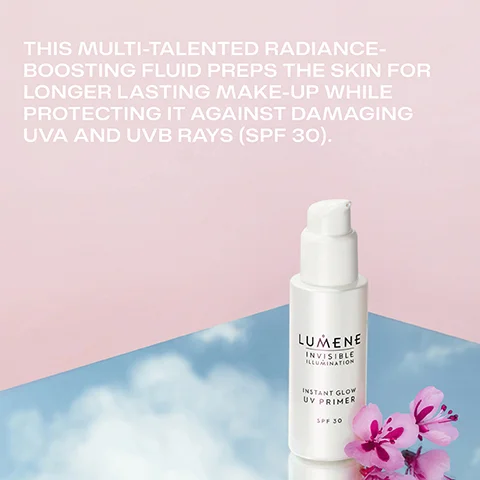 THIS MULTI-TALENTED RADIANCE- BOOSTING FLUID PREPS THE SKIN FOR LONGER LASTING MAKE-UP WHILE PROTECTING IT AGAINST DAMAGING UVA AND UVB RAYS (SPF 30). LUMENE INVISIBLE ILLUMINATION INSTANT GLOW UV PRIMER SPF 30