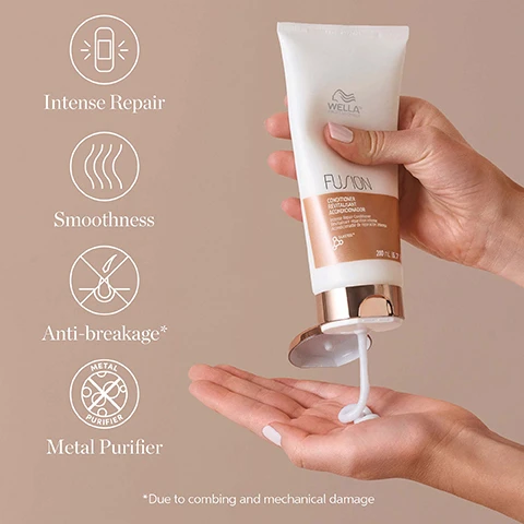 Image 1 - A persons hand is holding a tube of Wella Fusion conditioner while a small amount of the product is being dispensed into their other hand, with icons and text beside it indicating Intense Repair, Smoothness, Anti-breakage, and Metal Purifier, and a note at the bottom stating Due to combing and mechanical damage.
Image 2 - Image shows a woman from the back with long, wavy hair split into two sections; the left side labeled Before with non-conditioning shampoo displays dull hair, while the right side labeled FUSION with Fusion shampoo, mask and blow-dry shows shinier, healthier-looking hair.
Image 3 - A circular swirl of pink and white cream is depicted, with visible text labels indicating Micronized Lipids, Amino Acids, Metal Purifier, and Silksteel Technology, along with a website link for more information on ingredients.
Image 4 - Image shows three Wella Professionals hair care products including a tube of conditioner, a bottle of shampoo, and a container of mask, with large text stating UP TO 95% LESS BREAKAGE* and additional small text explaining the comparison to non-conditioning shampoo.