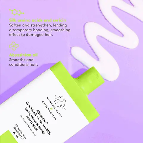 Image 1, Soften and strengthen, lending a temporary bonding, smoothing effect to damaged hair. Abyssinian oil Smooths and conditions hair. -- & CHRIS MCMILLAN DRUNK ELEPHANTTM SilkaminoTM Conditioning Leave-In Milk Lait après-shampoing sans rinçage STRENGTHEN SMOOTH Sük Amino Acids Abyssinian Oil pH 4.0 Image 2, 90% agreed hair was moisturized and conditioned and felt softer 87% agreed the scalp was soothed and hair looked smoother* 81% agreed hair resisted heat-styling damage and maintained a natural hold" *In a consumer-perception study with 33 participants using Silkamino" Mega-Moisturizing Shampoo, SilkaminoTM Mega-Moisturizing Masker, and SilkaminoTM Conditioning Leave-In Milk **In a consumer-perception study with 33 participants using SilkaminoTM Conditioning Leave-In Milk CHRIS MCMILLAN Sikamizo Conditioning Leave-In Mik Lait après-shaping sans rinçage Image 3, face-off HAIRSTYLING EDITION Silkamino Conditioning Leave-In Milk KEY INGREDIENTS Silk amino acids + Abyssinian oil PERFECT WHEN YOU... Want to rescue dry hair, replenish and seal in moisture, and shield hair from heat-styling damage Wild Marula Tangle Spray KEY INGREDIENTS Fermented oils + amino acids PERFECT WHEN YOU... Need a lightweight mist to unravel stubborn knots while fending off frizz and providing heat protection
