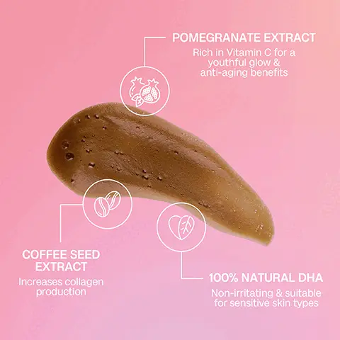 Image 1 - A textured, brown skincare product is shown on a soft pink background, with circles around it containing text that describes its ingredients: Pomegranate Extract, Coffee Seed Extract, and 100% Natural DHA, along with their benefits.
Image 2 - Image shows a side-by-side comparison of two women in white bikini bottoms, with the left side labeled BEFORE showing a lighter skin tone, and the right side labeled AFTER showing a tanned skin tone, with a bottle of self-tanning product placed on the right side.
Image 3 - A hand holds a bottle of Bali Body self-tanning mousse against a pink background, with text that says A natural looking, streak-free tan, achieves a dark tan in 4-6 hours, made with nourishing oils & 100% natural DHA, and anti-aging vitamin C & antioxidants.
Image 4 - A person applying a tanning product to their leg while holding a bottle labeled BALIBODY, with steps for use: STEP 1 Ensure your skin is clean & freshly exfoliated, STEP 2 Smooth over your entire body using long sweeping motions, STEP 3 For a medium to dark tan, leave for up to 4 hours. For a deep tan, leave for 8 hours before showering.