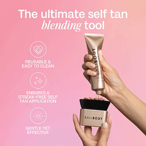Image 1 - A person holds a tube of self-tanner above a blending tool while the background is a gradient of pink, with text stating The ultimate self tan blending tool and bullet points for features: Reusable & easy to clean, Ensures a streak-free self tan application, and Gentle yet effective, along with the brand name BALI BODY.
Image 2 - Image of a person wearing a white crop top and white bikini bottoms, holding a self-tanning product with a blurred pink background, featuring steps for usage: STEP 1 Choose your favourite Bali Body self tan product. STEP 2 Apply desired amount of self tan onto the skin & blend in sweeping motions. Use remaining product on hands, ankles & feet.