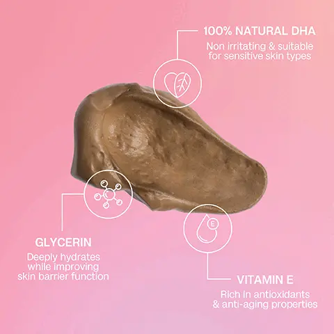 Image 1 - A smooth, brownish blob of product on a gradient pink background with text highlighting 100% Natural DHA, Non irritating & suitable for sensitive skin types, Glycerin, Deeply hydrates while improving skin barrier function, and Vitamin E, Rich in antioxidants & anti-aging properties.
Image 2 - Image shows a side-by-side comparison of a person in white underwear, with the left labeled BEFORE showing the persons natural appearance and the right labeled AFTER displaying the same person holding a skincare product; no visible text is included aside from the labels.
Image 3 - A woman in a white sports bra applies a tanning product with a black glove, smiling as she showcases the bottle, with text beside her that reads Achieves a dark yet natural tan in just 1 hour, ULTRA LIGHTWEIGHT & FAST DRYING, DEVELOPS IN JUST 60 MINUTES, and FULLY CUSTOMISABLE RESULTS.
Image 4 - An image of a person applying a tanning product to their leg, with the text How to use and the steps: STEP 1: Begin with clean, freshly exfoliated skin. STEP 2: Apply the aerated foam to your mitt. Smooth over your entire body using long, sweeping motions. STEP 3: Allow the product to develop for a minimum of 1 hour. For a deeper result, leave on for at least 3-4 hours.