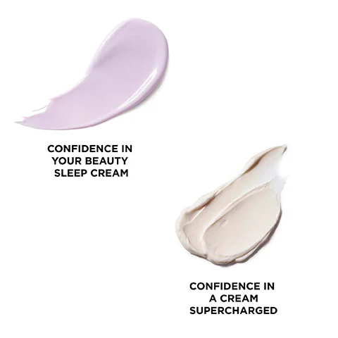 Image shows swatches of the different products. Text: Confidence in your beauty sleep cream. Confidence in a cream supercharged.