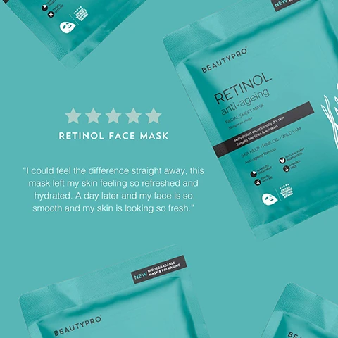 Image 1 - A turquoise facial sheet mask package labeled BEAUTYPRO RETINOL anti-aging with five stars above, and a quote about the masks refreshing and hydrating effects on the skin.
Image 2 - Image of three natural ingredients with descriptions: seaweed representing retinol which combats the signs of aging, a pine branch for organic pine oil which targets acne and free radicals, and wild yam roots which improve elasticity and suppleness.
Image 3 - A woman in an orange pajama top with her hair down is applying a facial mask and making a kissy face while holding a package of RETINOL anti-aging mask, with a turquoise background and tips about using Retinol in the evening and applying SPF the next morning displayed below.
