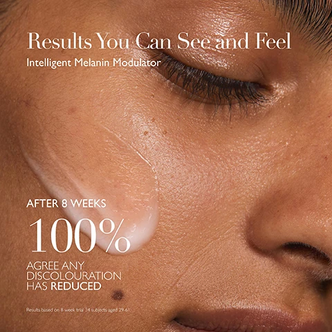 Image 1 - A close-up image of a persons face with a light skincare product applied to their cheek; visible text includes Results You Can See and Feel Intelligent Melanin Modulator AFTER 8 WEEKS 100% AGREE ANY DISCOLOURATION HAS REDUCED Results based on 8 week trial 34 subjects aged 29-61.
Image 2 - Image shows a teal background with the text Science Backed Ingredients at the top, followed by descriptions of three ingredients: AMBER MICROALGAE with a circular image and the text Intelligent melanin modulator, corrects hyperpigmentation and age spots, NIACINAMIDE (VITAMIN B3) with a circular image and the text Evens tone and improves skin resilience, and MANDELIC (AHA) & GLUCONIC ACIDS (PHA) with a circular image and the text Resurface skin and brighten tone, followed by Powered by The Healing Concentrate™ at the bottom.