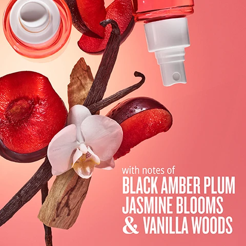 Image 2 - A pink spray bottle is surrounded by red plum halves, dark vanilla bean pods, light wood, and a white orchid flower, with text that reads with notes of BLACK AMBER PLUM JASMINE BLOOMS & VANILLA WOODS. Image 4 - The image shows four clear Sol de Janeiro Jet Set travel bags, colored orange, blue, red, and pink, each filled with skincare products, accompanied by text describing the sets: BEIJA FLOR™ JET SET collagen boosting, BOM DIA BRIGHT™ JET SET visibly brightens, DELÍCIA DRENCH™ JET SET replenishes skins barrier, and BUM BUM JET SET visibly tightens.