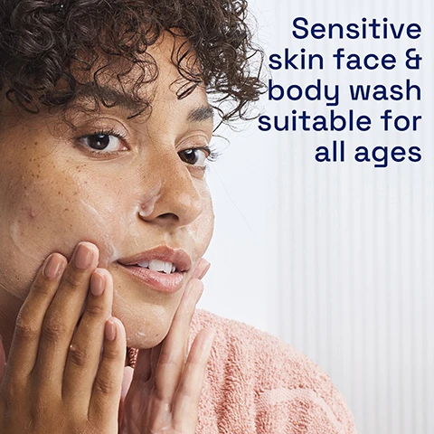 Image 1 - A person with curly hair is applying a clear facial wash to their face while wearing a pink robe, accompanied by text that reads Sensitive skin face & body wash suitable for all ages.
Image 2 - A close-up of a smiling woman gently touching her face, with visible text reading Clinically proven to remove dirt, make up and impurities gently.
Image 3 - A light blue cream with text displaying ingredients: B3 Niacinamide to Restore, B5 Panthenol Pro-Vitamin B5 to Soothe, and Glycerin to Hydrate, with the heading Hydrates as it cleanses.
Image 4 - A person holding a bottle of Cetaphil Gentle Skin Cleanser, with text above that reads Hypoallergenic, fragrance-free, soap free & vegan, and a seal stating Dermatologist recommended, Sensitive skin.
Image 5 - Image shows three Cetaphil skincare products for a normal to dry sensitive skin routine, with labels indicating Step 1: Cleanse, Step 2: Moisten, and Step 3: Protect with SPF. The products include a cleanser, a moisturizing lotion, and a protective cream.
Image 6 - A persons hand is dispensing a pump of Cetaphil Gentle Skin Cleanser from a bottle placed on a white surface, with the text Gentle enough to be used with or without water visible beside it.
Image 7 - A bottle of Cetaphil Gentle Skin Cleanser is displayed on a light tiled background, featuring text that reads Skin Sensitivity 5 Signs and Defends Against Dryness, Irritation, Roughness, Tightness, Weakened Skin Barrier.
Image 8 - Logo for Cetaphil featuring the text #1 DERMATOLOGIST RECOMMENDED CLEANSING BRAND.