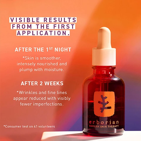 image 1, visible results from the first application. after the 1st night, skin is smoother, intensely nourished and plump with moisture. after 2 weeks winkles and fine lines appear reduced with visibly fewer imperfections. consumer test on 41 volunteers. image 2, a boost of confidence from the 1st night. after 28 days of use. 93% eel more confident in their bare skin. 95% feel happier looking at their bare skin in the mirror. consumer test on 41 volunteers after 28 days. image 3, appearance of fine lines and wrinkles - thanks to white and red ginseng root extracts which are known to smooth the skin. skin texture - thanks to 10% PHA concentration known to help improve skin texture and complexion evenness. complexion evenness thanks to 2% yuzu extract which is known to help complexion evenness.