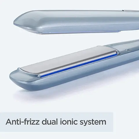 Image 1, anti frizz dual ionic system. Image 2, ceramic coated plates. Image 3, curved design. Image 4, 5 digital heat settings.