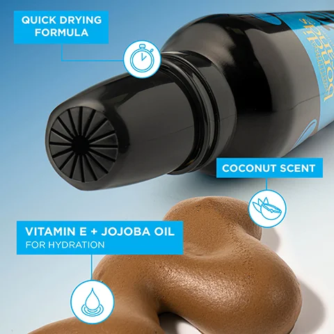 Image 1 - A black bottle with a nozzle displaying a quick drying formula and a coconut scent is shown next to a brown, shaped product, with labels indicating vitamin E and jojoba oil for hydration.