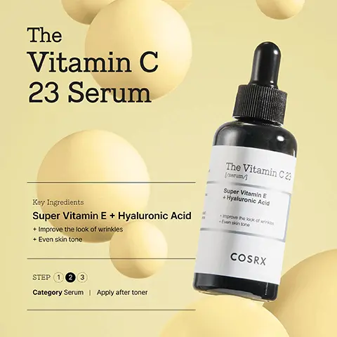 Image 1, The Vitamin C 23 Serum The Vitamin C 2: Key Ingredients Super Vitamin E + Hyaluronic Acid + Improve the look of wrinkles + Even skin tone [/serum/ Super Vitamin E +Hyaluronic Acid improve the look of wrinkles Even skin tone STEP 123 Category Serum | Apply after toner COSRX Image 2,  Pigmentation Pores The Vitamin C 23 ме Super Vitamin E Huronic Acid Elasticity Wrinkles Brightening /Skin radiance COSRX Skin tone (Triple-complexion) "As a result of the clinic trials from Dermacosmetic Skin Science Laboratory Co.Ltd Image 3,  BEFORE AFTER > BEFORE AFTER Image 4,  32% Skin Brightening Just in 7 days* 'As a result of the clinic trials from Dermacosmetic Skin Science Laboratory Co.Ltd Image 5,  Watery and thin bilayer Image 6,  100%* agree skin feels brighter & evens out skin tone agree skin improves with pigmentation agree skin feels firmer within 4 weeks The Vitamin C The Vitamin C 23 *As a result of the clinical trials, "COSRX The Vitamin C23 Serum" from Dermacosmetic Skin Science Laboratory Co.,Ltd participatns between 30-65 of 20 females OSRX COSRX The Vitamin C COSRX Image 7,  Ascorbic acid 23% (Vitamin C) improves sign of skin aging, brightens skin Hyaluronic acid retains moisture Allantoin soothes and protects skin Super Vitamin E (tocotrienol) improves fine lines + wrinkles