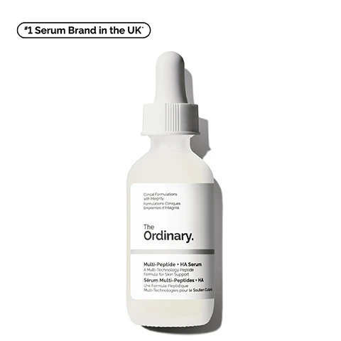 Image 1 - A glass dropper bottle of serum from The Ordinary labeled Multi-Peptide + HA Serum with text that reads Clinical Formulations with Integrity and *#1 Serum Brand in the UK*.
Image 2 - A clear glass bottle with a dropper contains a liquid, alongside bullet points that state Targets the Look of Wrinkles and Firmness, Supports Skins Elasticity, and Improves the Look of Skin Smoothness.
Image 3 - A close-up of a smiling womans face highlighting her smooth skin and the hands gently touching her cheek, accompanied by the text: Targets Wrinkles, Firming, Improves Elasticity.
Image 4 - Image showing a white background with text outlining the key ingredients in Multi-Peptide + HA Serum, including ARGIRELAX™ & SYN™-AKE, Matrixyl™ 3000 & Matrixyl™ synthe6™, and Hyaluronic Acid, with descriptions of their benefits.
Image 5 - A close-up image of a dropper bottle of The Ordinary Multi-Peptide + HA Serum, with white background and wavy texture, featuring text that reads significantly reduce the appearance of crow’s feet with the power of peptides.
Image 6 - An infographic titled Pick Your Peptide Serum featuring four serum bottles, with labels and descriptions for each: Matrixyl 10% + HA, Argireline Solution 10%, Multi-Peptide + HA Serum, and Multi-Peptide + Copper Peptides 1% Serum, along with targeted benefits for each product listed below them.