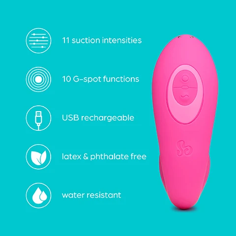 Image 1 - A pink device with a control button is displayed on a turquoise background, featuring text that highlights its attributes: 11 suction intensities, 10 G-spot functions, USB rechargeable, latex and phthalate free, and water resistant.
Image 2 - A close-up image of a pink suction device designed for intimate stimulation, with the text Pinpoint stimulation Precise suction stimulation targets the clitoris & external erogenous zones displayed on a teal background.
Image 3 - A pink dual pleasure vibrator with a curved design on a bright turquoise background, featuring text that reads Dual pleasure Feel the vibe, with 11 suction intensities & 10 G-spot patterns.
Image 4 - A pink flexible internal stimulator designed for G-spot satisfaction, with the text Incredibly flexible Angle and flex the internal stimulator for G-spot satisfaction visible in the background.
Image 5 - A pink, curved pleasure device with a smooth surface is shown against a teal background, accompanied by text that reads USB rechargeable Dont let the pleasure stop, with easy USB recharging.
Image 6 - An illustration showing the clitoris and G-spot with arrows indicating their locations, accompanied by instructions that read Designed to satisfy Enjoy two pleasure zones at once Gently insert the stimulator into your vagina and surround your clitoris with the suction head.
Image 7 - A pink vibrator is displayed on a bright turquoise background, with labeled measurements indicating the height of 5.5 inches, an insertable length of 4.7 inches, and a shaft width of 1.5 inches. The image includes the title Measurements and the numbers 1, 2, and 3 next to the respective measurements.
Image 8 - A pink vibrator is partially submerged in water, with text stating Water resistant The vibrator is fully submergible for use in the bath or shower.
Image 9 - Image of a product box displaying a pink toy labeled as Pearl Vibe, along with a USB cable, a storage bag, and a manual, with the heading Whats in the box? and corresponding numbered items.