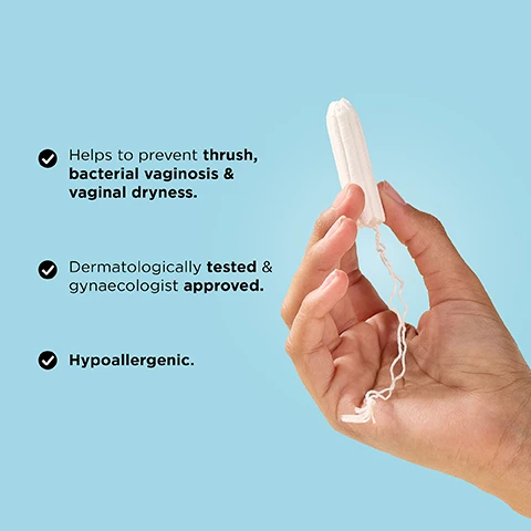 Image 1 - A hand is holding a white tampon against a light blue background, with text stating it helps to prevent thrush, bacterial vaginosis & vaginal dryness, dermatologically tested & gynaecologist approved, and hypoallergenic.
Image 2 - A hand holding a tampon is shown against a light blue background, with large text reading 0% PLASTICS OR IRRITANTS and a smaller note indicating 100% ORGANIC COTTON.
Image 3 - A person holds four wrapped sanitary products in their hands, with a color-coded absorbency guide next to them that labels &SISTERS by Mooncup® products as light, medium, and heavy, and lists other brands as regular, super, and super plus.