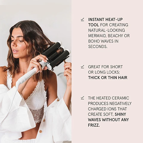 Image 1, instant heat up tool for creating natural looking mermaid beachy or boho waves in seconds. great for short or long locks, thick or thin hair. the heated ceramic produces negatively charged ions that create soft, shiny waves without any frizz. Image 2, customer reviews. sam h said always doubtful of these products but it actually works. rebecca b saus so impressed with this great curler, really easy to use and you can style your hair so quickly with it. highly recommend. Image 3, made of high grade crystal powder tourmaline ceramic glaze. 3 extra large barrels, 32mm in diameter. insulated barrel tips to provide safety. universal voltage (110V-220V) perfect for international travel. tangle free cord. adjustable temperature, between 90 degrees and 210 degrees. non slip handle. Image 4, why you'll love it = developed with the latest technology. lightweight and professionally designed. hair stylist approved. 360 degree power cord.