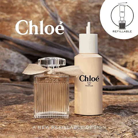 Image 1, Chloe A new refillable design. Image 2, Chloe, Rose Naturelle Intense. New 150ml refill format made of 100% recycled aluminium. Designed to have a lower impact o the environment. Compatible with 100ml bottles. Image 3, Chloe Rose Naturelle Intense How to refill your 100ml bottle. Diagram shows removing the perfume top, twisting the refill into the perfume bottle to refill and then removing to replace the original perfume cap.