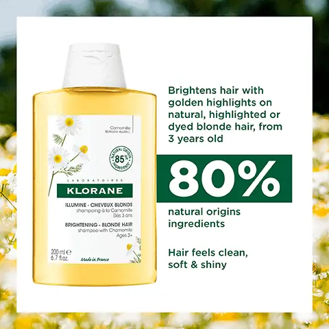 Brightens hair with golden highlights on natural, highlighted or dyed blonde hair, from 3 years old. 80% natural origins ingredients. Hair feels clean, soft & shiny. 85% natural origin ingredients. Without ingredients of animal origin. From 3 years old. Recycled bottle, excluding the cap, we are working on it. OCDE 3O1B. 1, wash, 2 detangle & brighten. Fluid texture easy to apply and to rinse off. Soft fragrance with fruity and green notes.