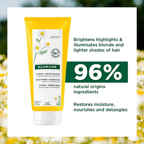 Brightens highlights & illuminates blonde and lighter shades of hair. 96% natural origins ingredients. Restores moisture, nourishes and detangles. 85% natural origin ingredients, without ingredients of animal origin. From 3 years old. 70% recycled tube. Excluding the cap, we are working on it. OCDE 3O1B. 1, wash, 2, detangle & brighten. Chomomile, texture creamy and melting.