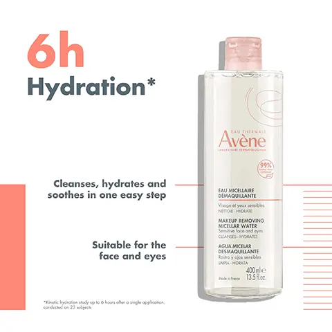 6h hydration cleanses, hydrates and soothes in one easy step. Suitable for the face and eyes. Kinetic hydration study up to 6 hours after a single application, conducted on 23 subjects. Cleansing, make-up removing, hydrating, 99% natural origin ingredients. 1 Cleanse and remove make-up make-up removing micellar water. 2 Boost, hydrance boost concentrated hydrating serum. 3 Hydrate, hydrance aqua-gel hydrating aqua cream-in-gel. Key Ingredients, glycerin & trehalose, improves hydration and preserves the skins natural balance. Avene thermal spring water, soothing, softening and anti-irritating.