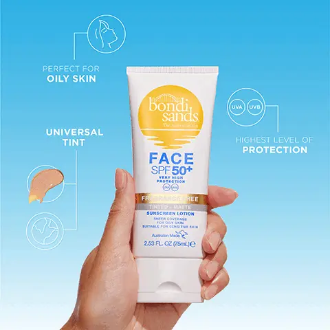 Image 1 - A hand holding a tube of Bondi Sands Face SPF 50+ sunscreen lotion, with labels indicating it is perfect for oily skin, has a universal tint, provides the highest level of protection, and is fragrance-free.
Image 2 - The image shows a tube of Bondi Sands Face SPF 50+ sunscreen lotion with a blue background, accompanied by two speech bubbles containing reviews: one from Lauren, UK stating it feels nice on the skin, and another from Chika, UK expressing love for the product and its matte finish; both include five-star ratings.