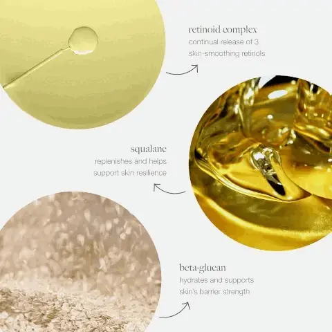 Image 1, 3.5% high dose retinol gentle enough for nightly use. Image 2, retinol comples continual release of 3 skin smoothing retinols. squalene replenishes and helps support skin resilience. beta-gluean hydrates and supports skin's barrier strength